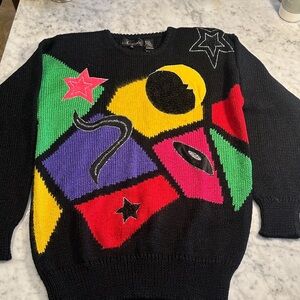VINTAGE retro Knit Graphic Black Women's Sweater Geometric Design